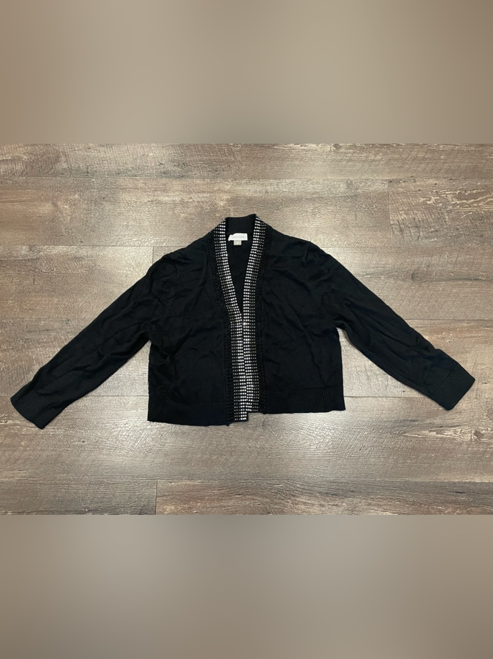 Calvin Klein Women’s Black Cropped Open-Front Cardigan with Sparkling Trim Sz M